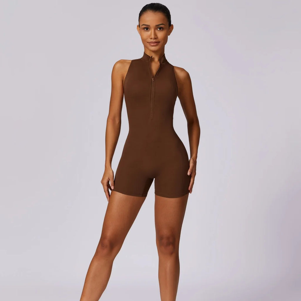 ES LIFESTYLE Solid Soft Backless Back Waist Scrunch Yoga Jumpsuit Short Set Women Zipper Sportswear Fitness One Piece Sports Suit Workout