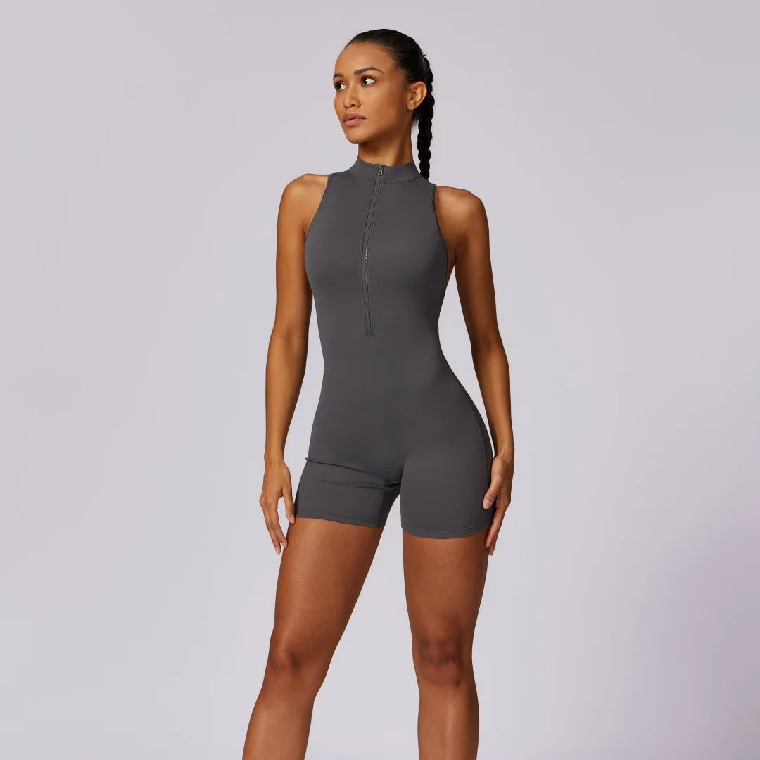 ES LIFESTYLE Solid Soft Backless Back Waist Scrunch Yoga Jumpsuit Short Set Women Zipper Sportswear Fitness One Piece Sports Suit Workout