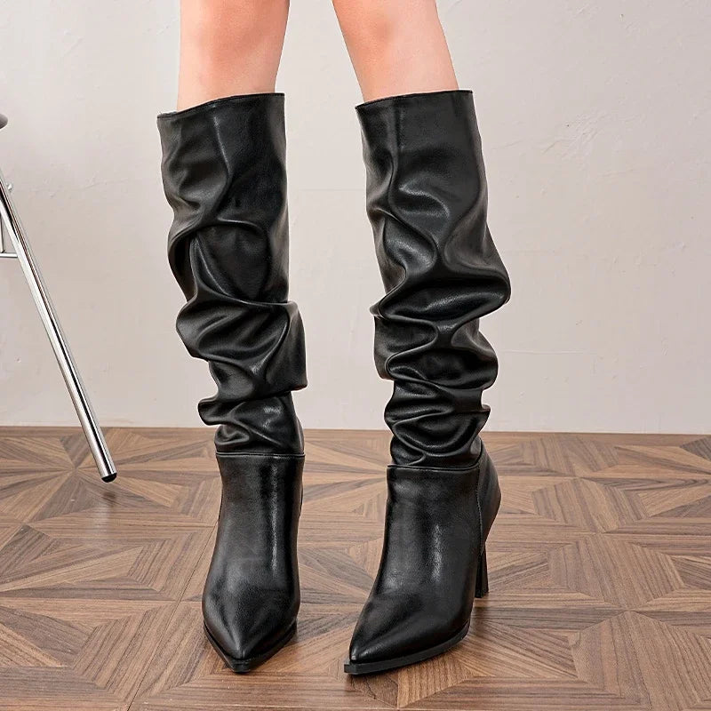 High Heel Pointed Toe Stack Boots Slim Heel Tall Boots for Women Europe and America