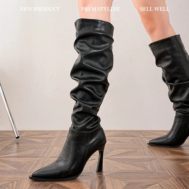 High Heel Pointed Toe Stack Boots Slim Heel Tall Boots for Women Europe and America