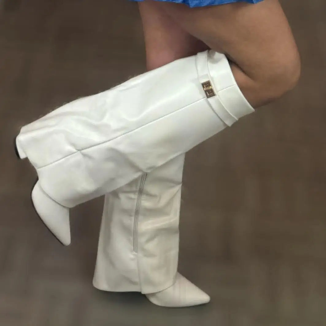 Autumn And Winter New Pointed Metal Buckle Knee High Women's Boots Thick High-heeled Pants Boots Ladies Fashion Mid Leg Boots