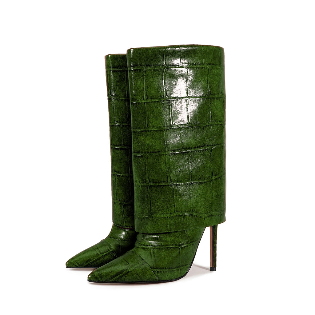 2025 Autumn Winter Women's Pointed Toe Stiletto High Heels Skirt Boots with Big Stone Marble Vein Pattern for Night Out Party