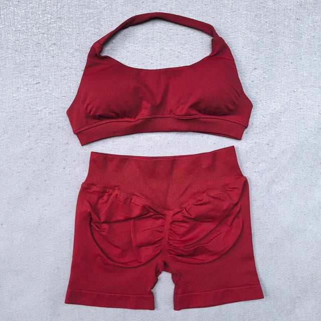 ES LIFESTYLE Shorts Set 2 Pieces Seamless Yoga Set Workout Tracksuit Women Halter Sport Bra And Low Waist Scrunch Bum Gym Shorts Suits
