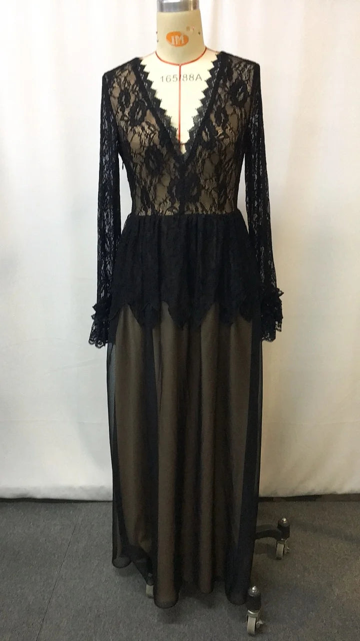 ES LIFESTYLE Women See-Through Black Sexy Deep V-Neck Elegant Lace Floral Long Dress Weeding Vacation Party Dress OutWear Streetwear