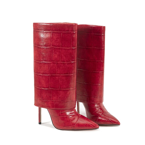 2025 Autumn Winter Women's Pointed Toe Stiletto High Heels Skirt Boots with Big Stone Marble Vein Pattern for Night Out Party