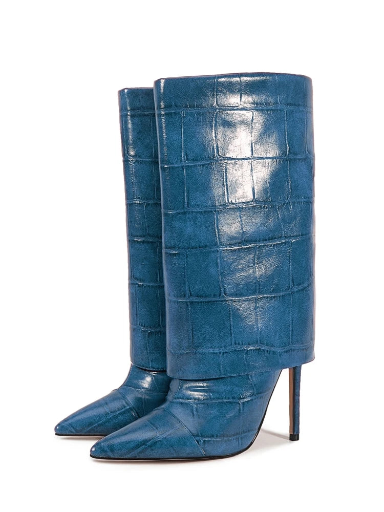 2025 Autumn Winter Women's Pointed Toe Stiletto High Heels Skirt Boots with Big Stone Marble Vein Pattern for Night Out Party