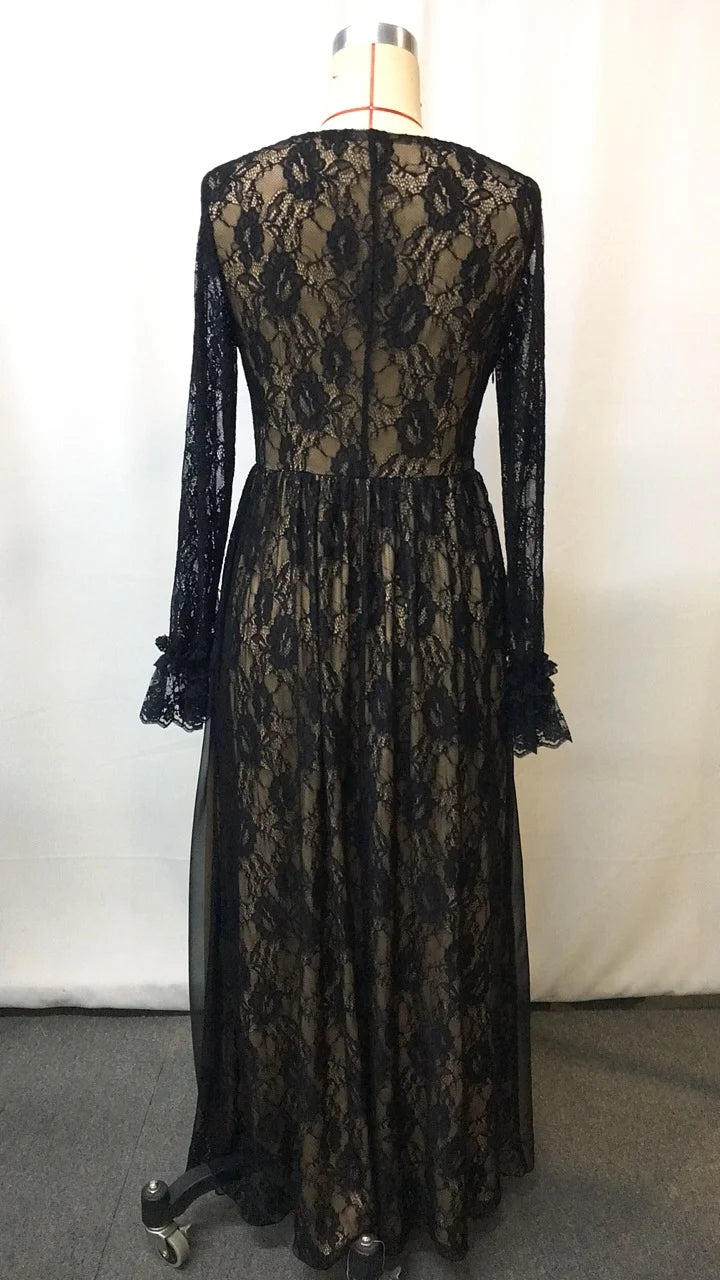 ES LIFESTYLE Women See-Through Black Sexy Deep V-Neck Elegant Lace Floral Long Dress Weeding Vacation Party Dress OutWear Streetwear