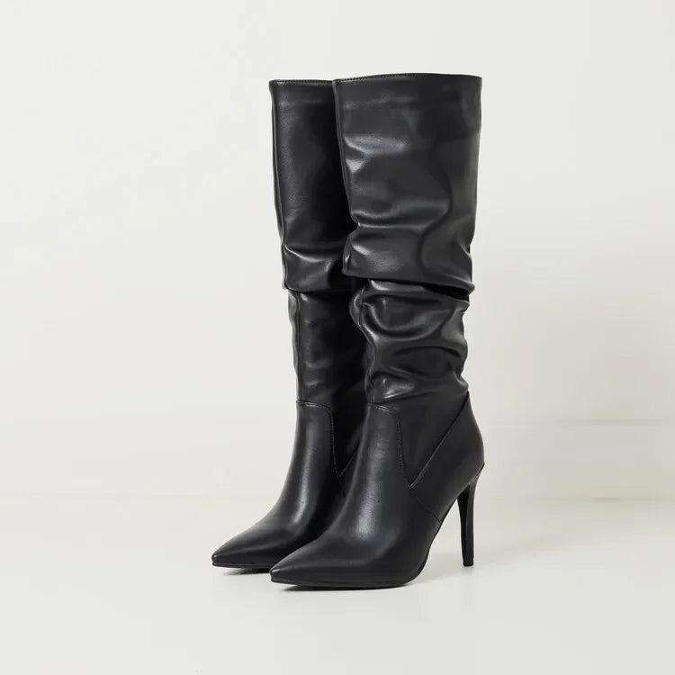 New Black Brown Pleated Lazy Long Boots European American Style 10cm High-heeled Pointed Autumn Winter Women Knee High Boots 43