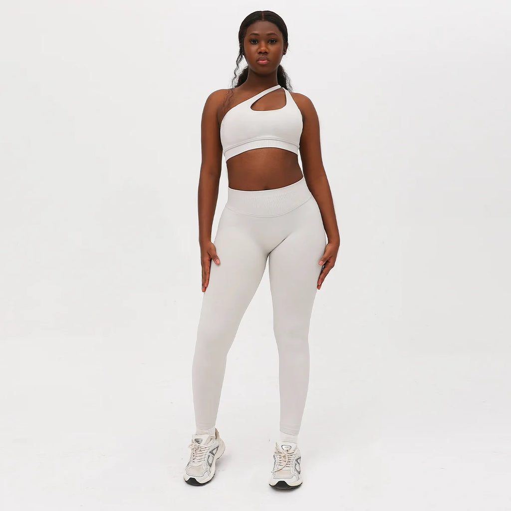 ES LIFESTYLE Seamless 2 Pieces Women Yoga Bras Pants Sets Asymmetric Sports Crop Top Hip Lift Scrunch Butt Gym Leggings Quick Dry Set