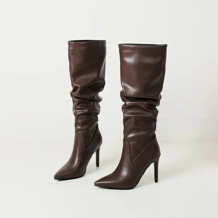 New Black Brown Pleated Lazy Long Boots European American Style 10cm High-heeled Pointed Autumn Winter Women Knee High Boots 43