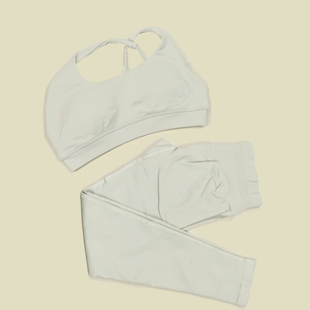 ES LIFESTYLE Seamless 2 Pieces Women Yoga Bras Pants Sets Asymmetric Sports Crop Top Hip Lift Scrunch Butt Gym Leggings Quick Dry Set