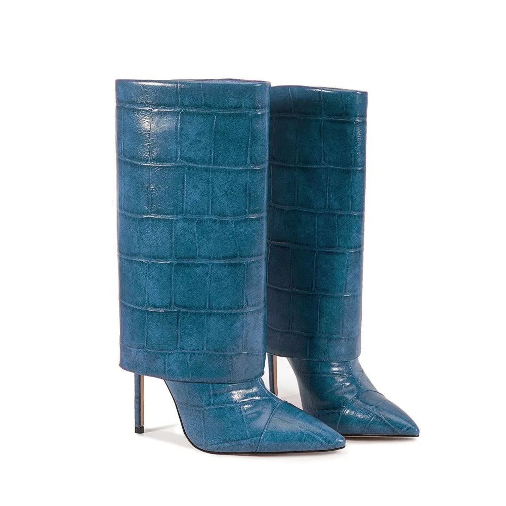 2025 Autumn Winter Women's Pointed Toe Stiletto High Heels Skirt Boots with Big Stone Marble Vein Pattern for Night Out Party