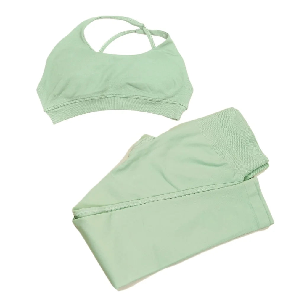 ES LIFESTYLE Seamless 2 Pieces Women Yoga Bras Pants Sets Asymmetric Sports Crop Top Hip Lift Scrunch Butt Gym Leggings Quick Dry Set