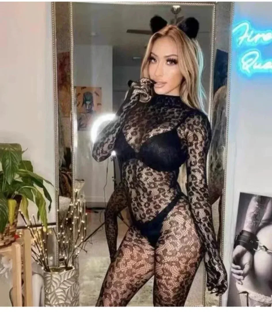 Sexy Leopard Bodysuit Women Lingerie Babydoll Underwear Chemises Exotic Apparelt Costumes Sexy Body Stocking Fishnet Bodysuit