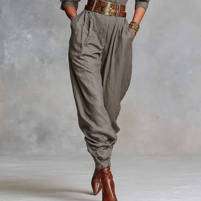 Retro Solid Color Button Lapel Shirt Jumpsuits Woman Fashion High Waist Slim Bodysuits Romper Autumn Long Sleeve Pocket Overalls