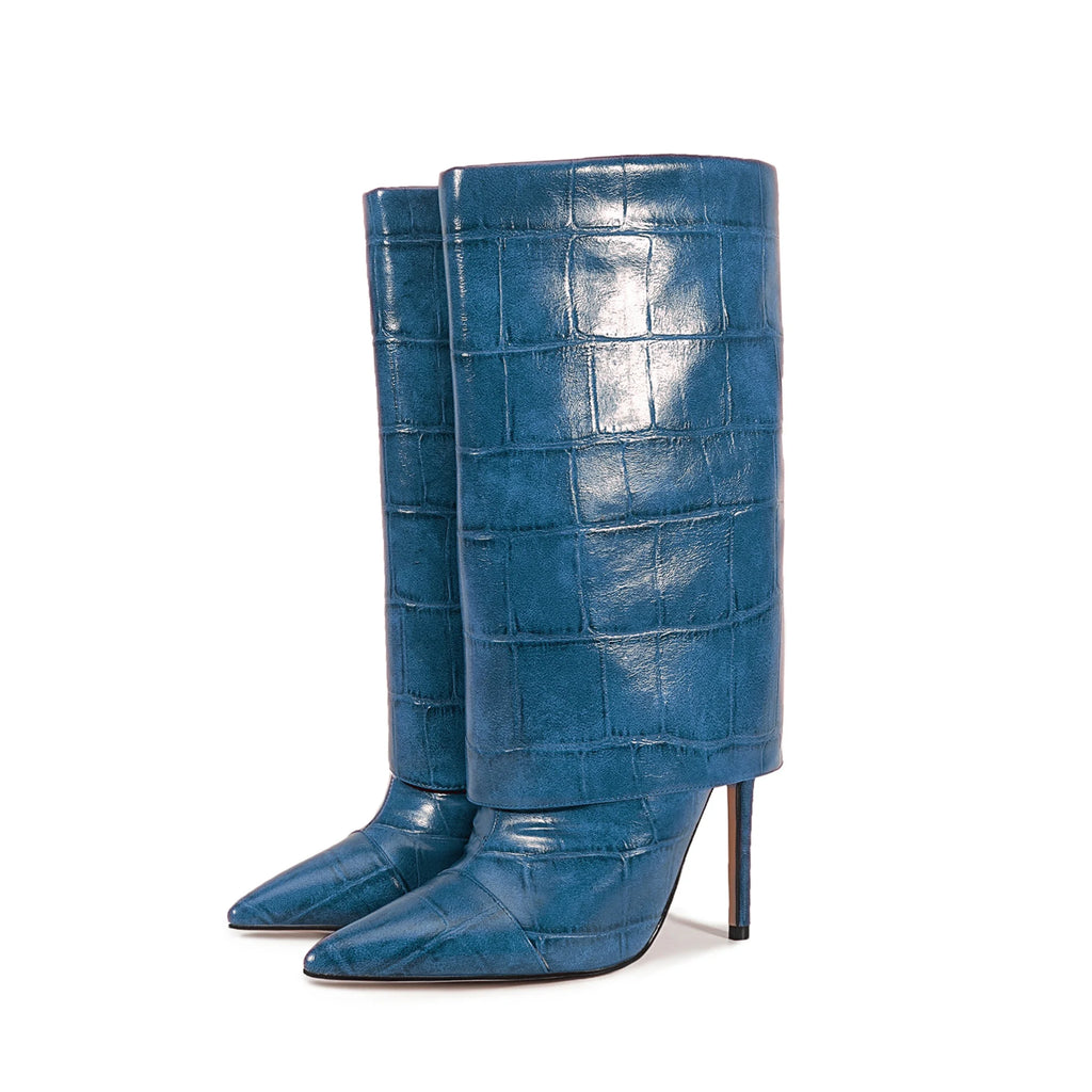 2025 Autumn Winter Women's Pointed Toe Stiletto High Heels Skirt Boots with Big Stone Marble Vein Pattern for Night Out Party