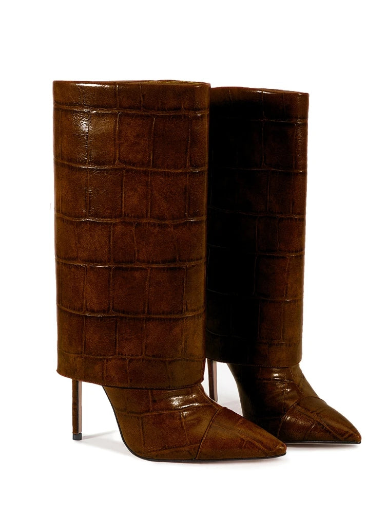 2025 Autumn Winter Women's Pointed Toe Stiletto High Heels Skirt Boots with Big Stone Marble Vein Pattern for Night Out Party