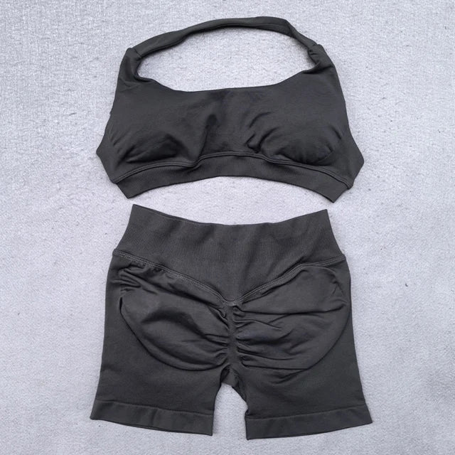ES LIFESTYLE Shorts Set 2 Pieces Seamless Yoga Set Workout Tracksuit Women Halter Sport Bra And Low Waist Scrunch Bum Gym Shorts Suits