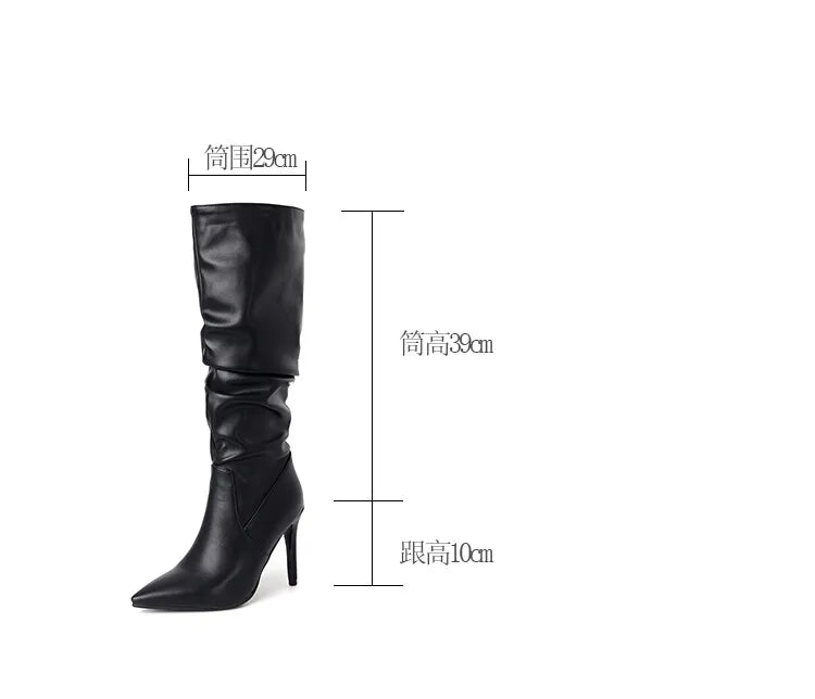 New Black Brown Pleated Lazy Long Boots European American Style 10cm High-heeled Pointed Autumn Winter Women Knee High Boots 43