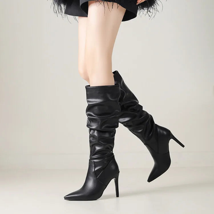 New Black Brown Pleated Lazy Long Boots European American Style 10cm High-heeled Pointed Autumn Winter Women Knee High Boots 43