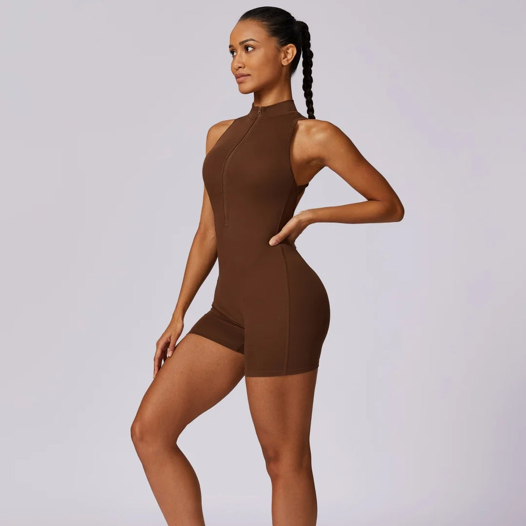 ES LIFESTYLE Solid Soft Backless Back Waist Scrunch Yoga Jumpsuit Short Set Women Zipper Sportswear Fitness One Piece Sports Suit Workout