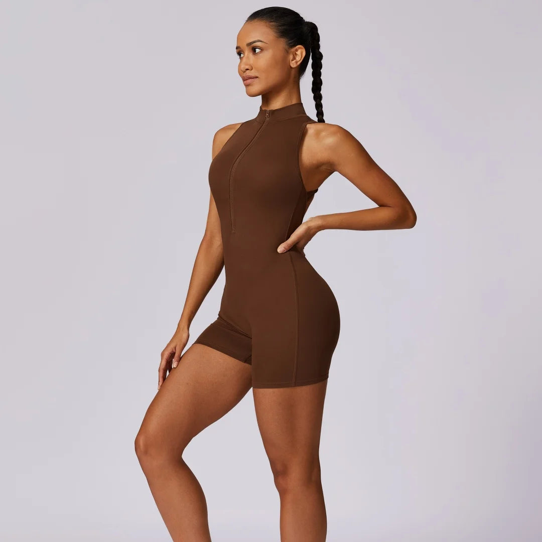 ES LIFESTYLE Solid Soft Backless Back Waist Scrunch Yoga Jumpsuit Short Set Women Zipper Sportswear Fitness One Piece Sports Suit Workout