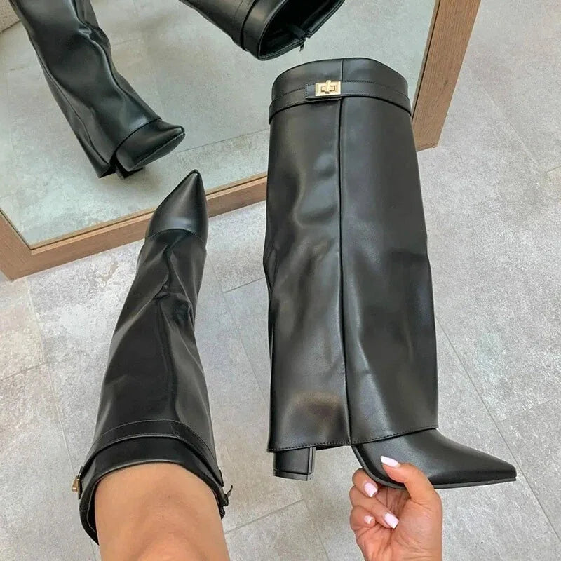 Autumn And Winter New Pointed Metal Buckle Knee High Women's Boots Thick High-heeled Pants Boots Ladies Fashion Mid Leg Boots