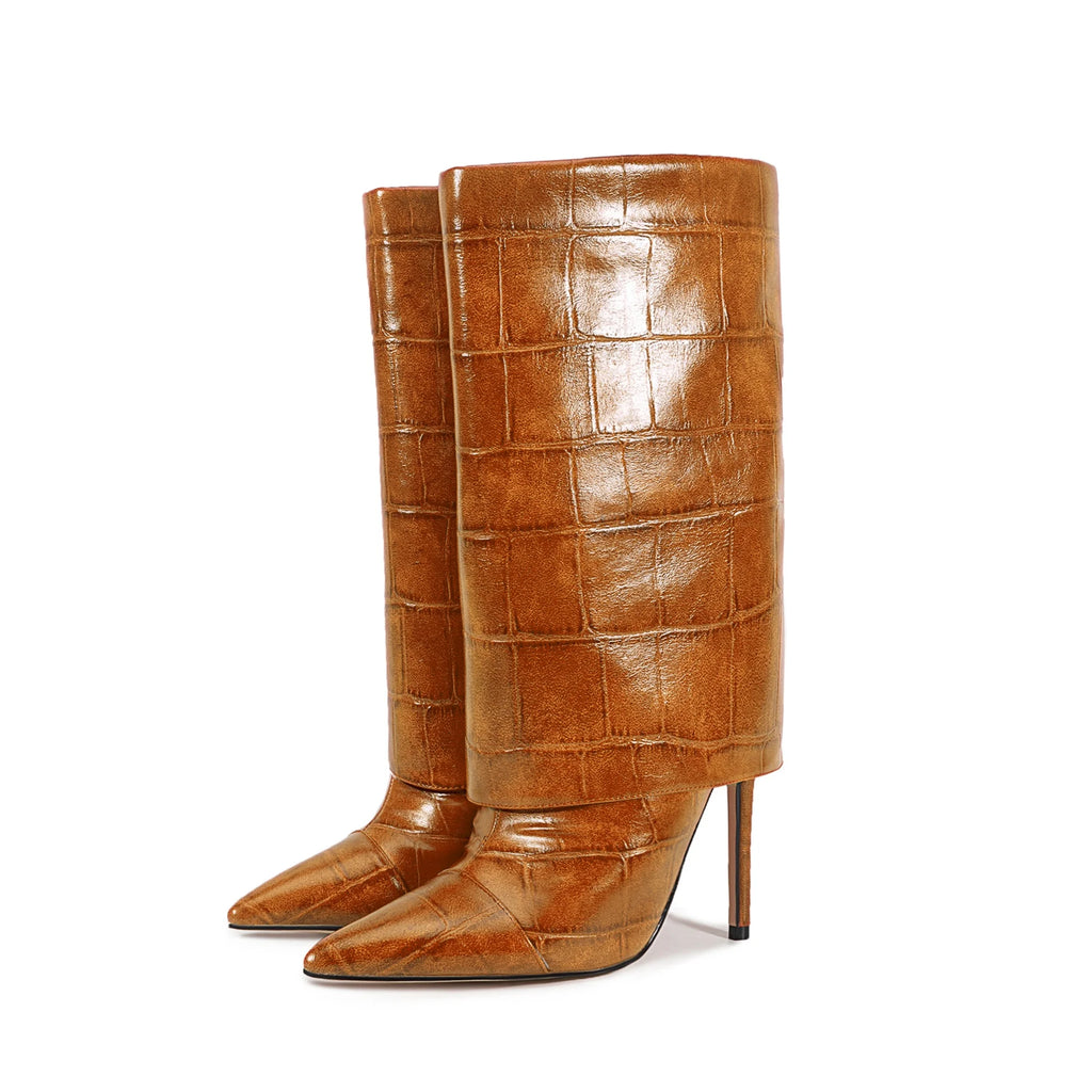 2025 Autumn Winter Women's Pointed Toe Stiletto High Heels Skirt Boots with Big Stone Marble Vein Pattern for Night Out Party