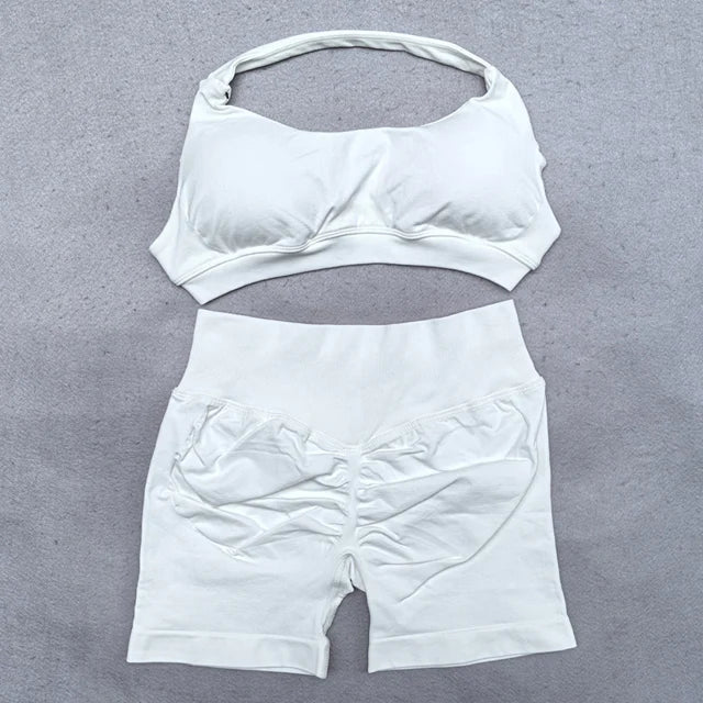 ES LIFESTYLE Shorts Set 2 Pieces Seamless Yoga Set Workout Tracksuit Women Halter Sport Bra And Low Waist Scrunch Bum Gym Shorts Suits