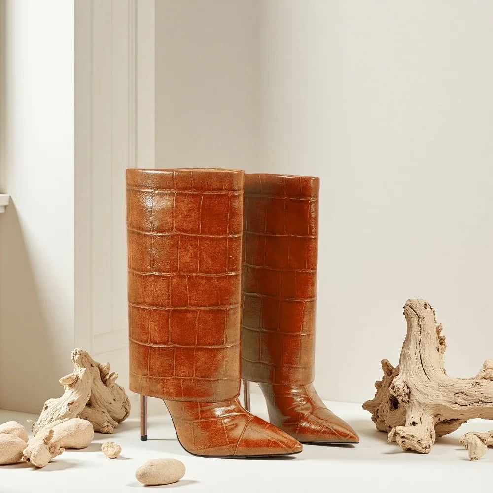 2025 Autumn Winter Women's Pointed Toe Stiletto High Heels Skirt Boots with Big Stone Marble Vein Pattern for Night Out Party