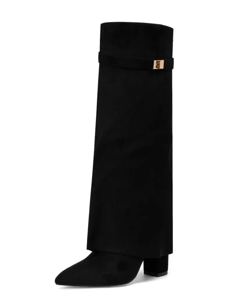 Autumn And Winter New Pointed Metal Buckle Knee High Women's Boots Thick High-heeled Pants Boots Ladies Fashion Mid Leg Boots