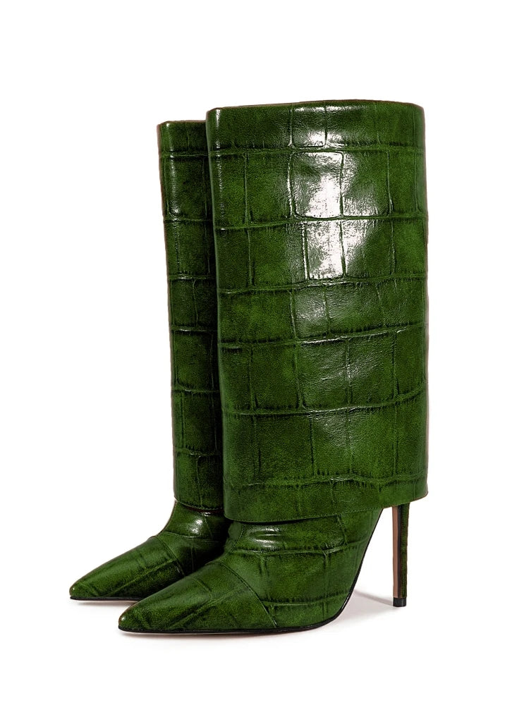 2025 Autumn Winter Women's Pointed Toe Stiletto High Heels Skirt Boots with Big Stone Marble Vein Pattern for Night Out Party