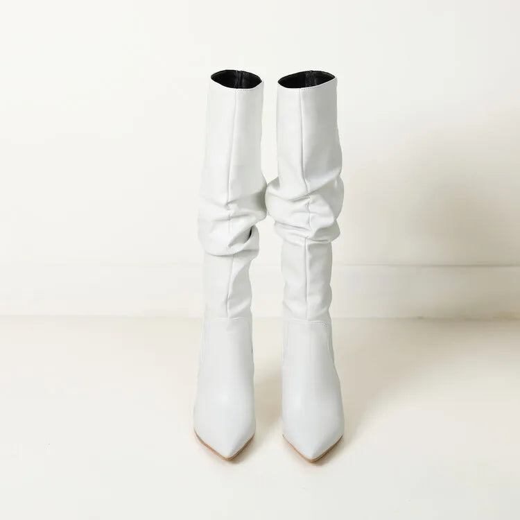 New Black Brown Pleated Lazy Long Boots European American Style 10cm High-heeled Pointed Autumn Winter Women Knee High Boots 43