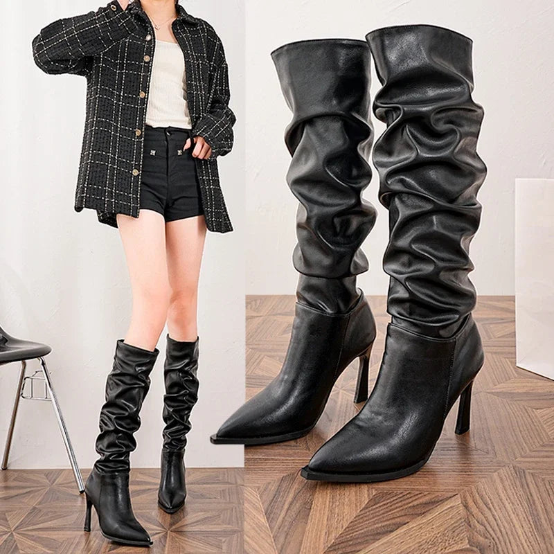 High Heel Pointed Toe Stack Boots Slim Heel Tall Boots for Women Europe and America