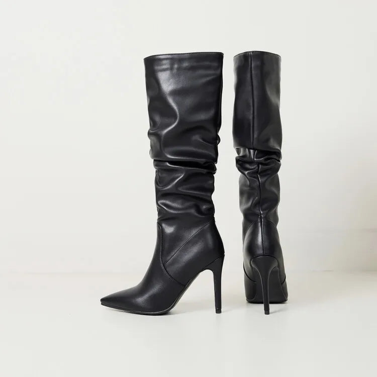 New Black Brown Pleated Lazy Long Boots European American Style 10cm High-heeled Pointed Autumn Winter Women Knee High Boots 43