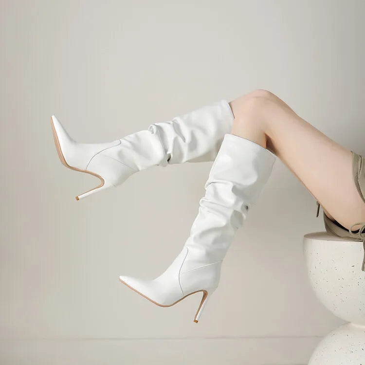 New Black Brown Pleated Lazy Long Boots European American Style 10cm High-heeled Pointed Autumn Winter Women Knee High Boots 43