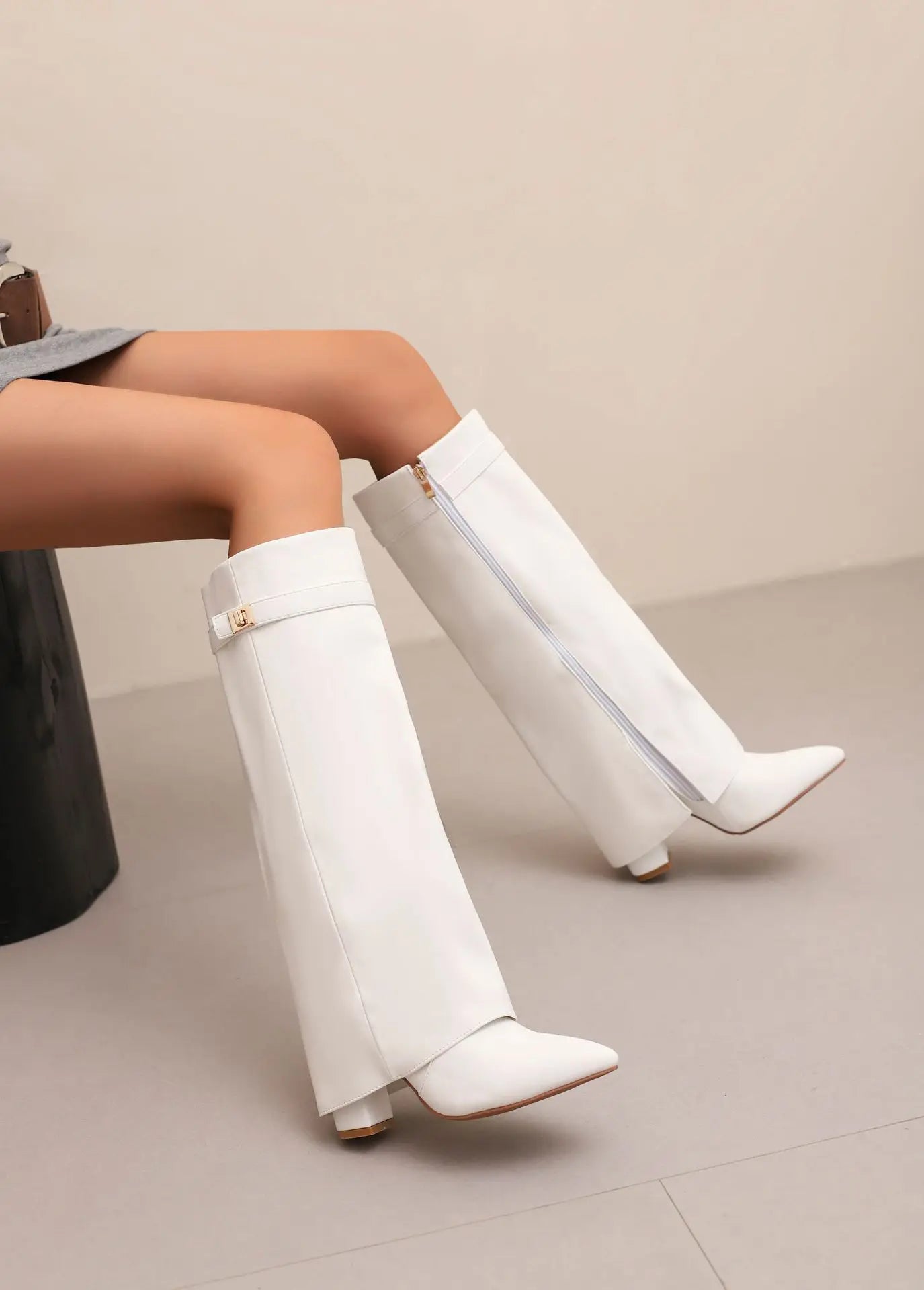 Autumn And Winter New Pointed Metal Buckle Knee High Women's Boots Thick High-heeled Pants Boots Ladies Fashion Mid Leg Boots