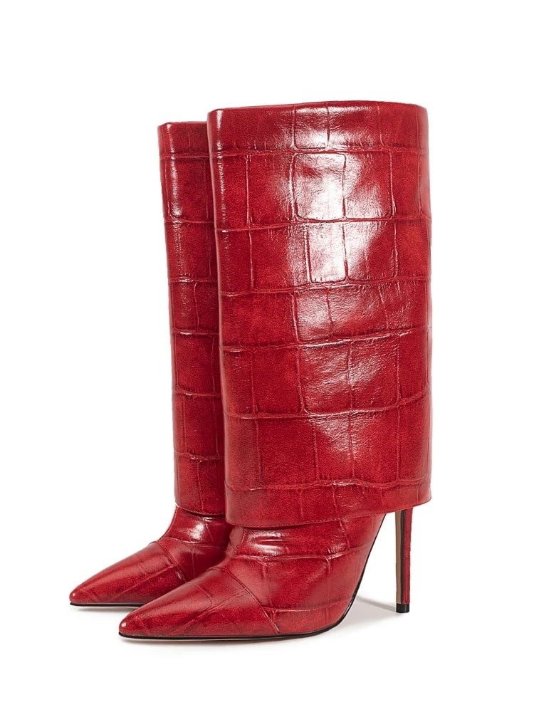 2025 Autumn Winter Women's Pointed Toe Stiletto High Heels Skirt Boots with Big Stone Marble Vein Pattern for Night Out Party