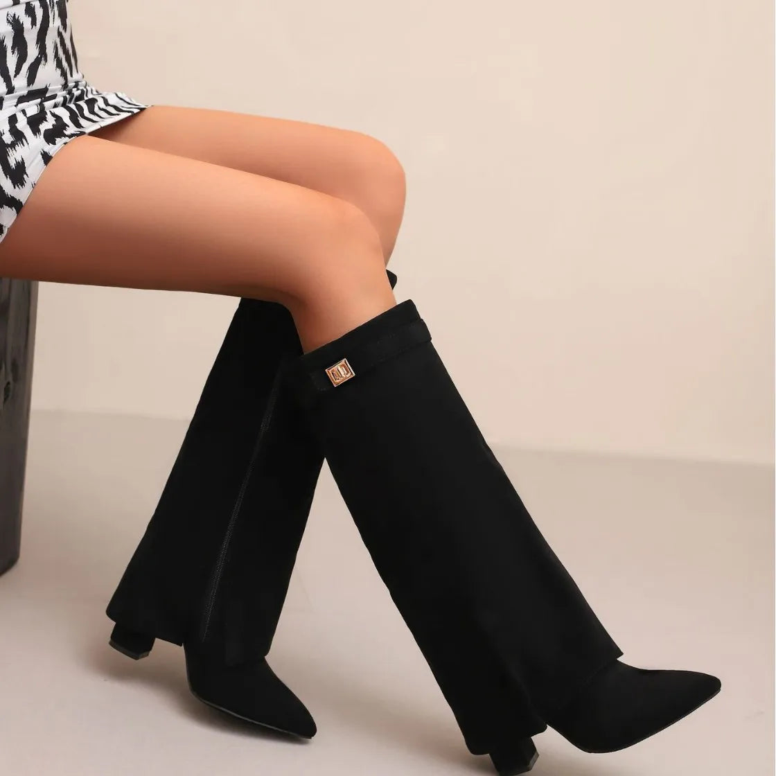 Autumn And Winter New Pointed Metal Buckle Knee High Women's Boots Thick High-heeled Pants Boots Ladies Fashion Mid Leg Boots