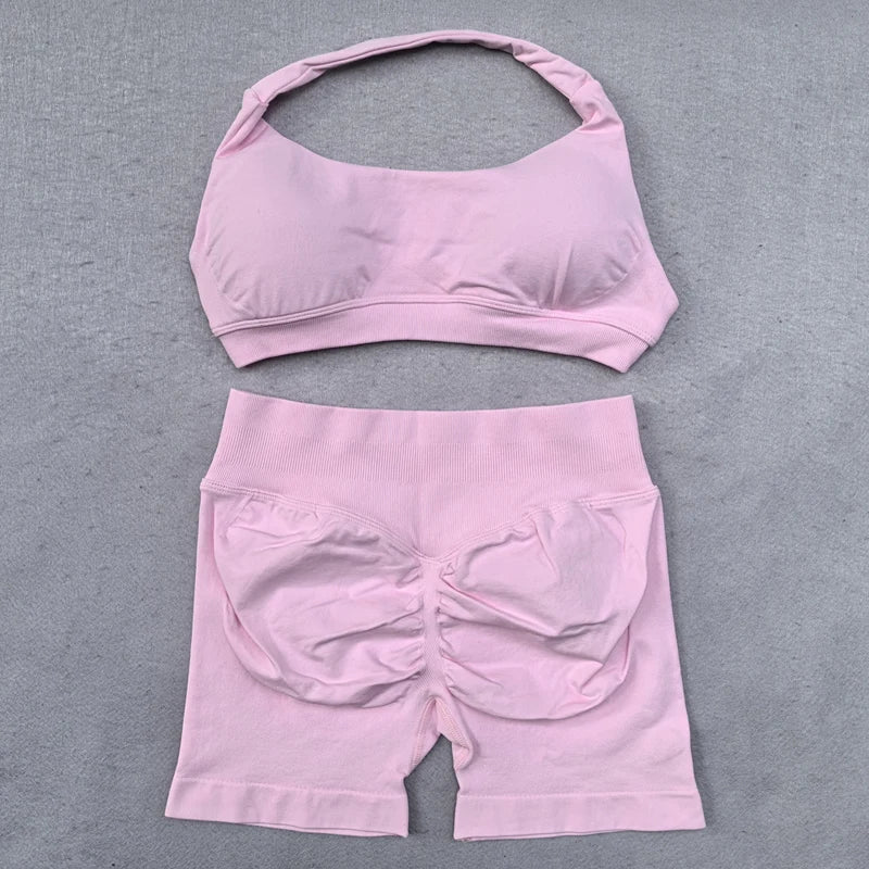 ES LIFESTYLE Shorts Set 2 Pieces Seamless Yoga Set Workout Tracksuit Women Halter Sport Bra And Low Waist Scrunch Bum Gym Shorts Suits