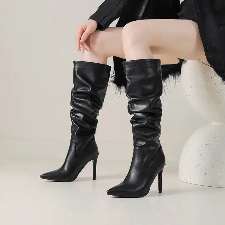 New Black Brown Pleated Lazy Long Boots European American Style 10cm High-heeled Pointed Autumn Winter Women Knee High Boots 43