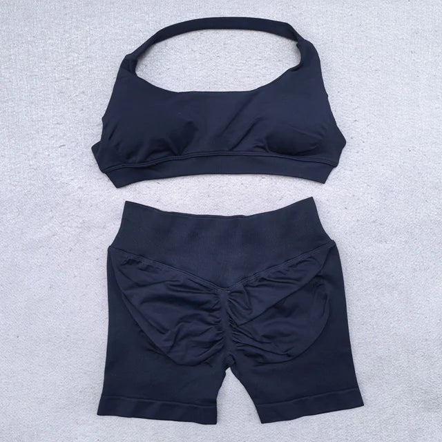 ES LIFESTYLE Shorts Set 2 Pieces Seamless Yoga Set Workout Tracksuit Women Halter Sport Bra And Low Waist Scrunch Bum Gym Shorts Suits