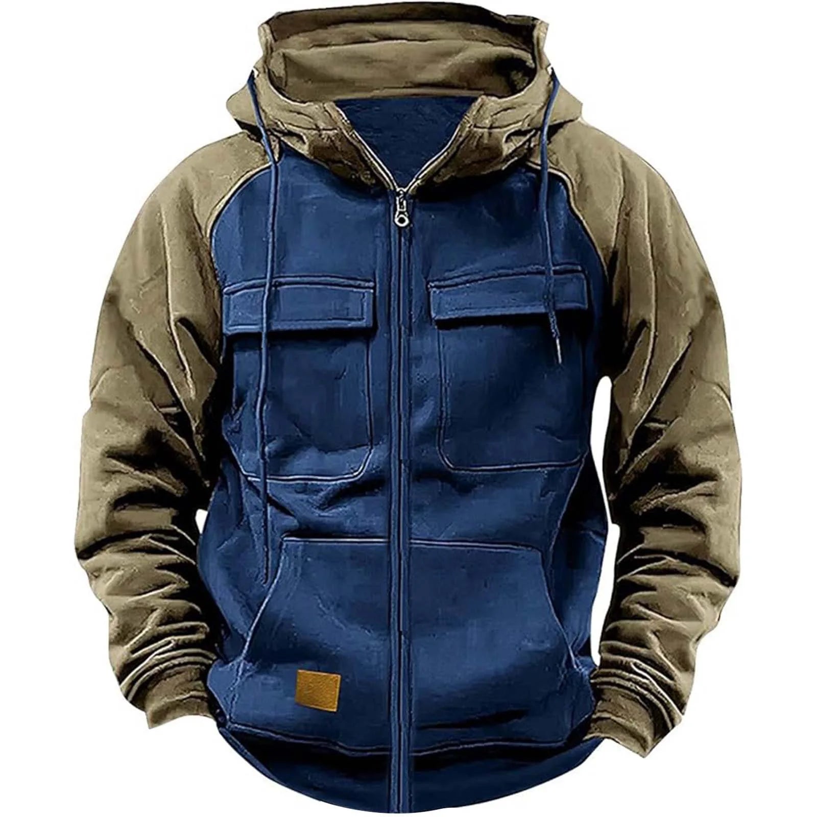 EMILY SANDERS Winter Hoodies Men Zipper Patchwork Warm Fleece Sweatshirts Multi Pockets Male Fashion Hooded Jacket Thick Outdoor Hoodie