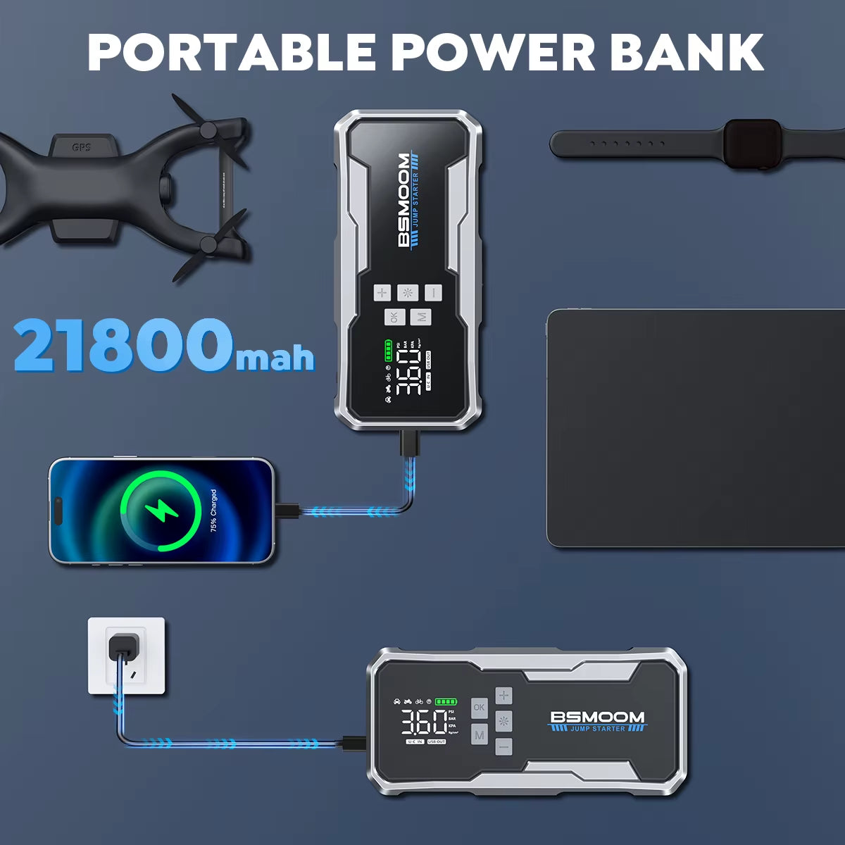 5000A Portable Car Jump Start Battery Power Bank with LED Light Support Start 12V Engine with Storage Case