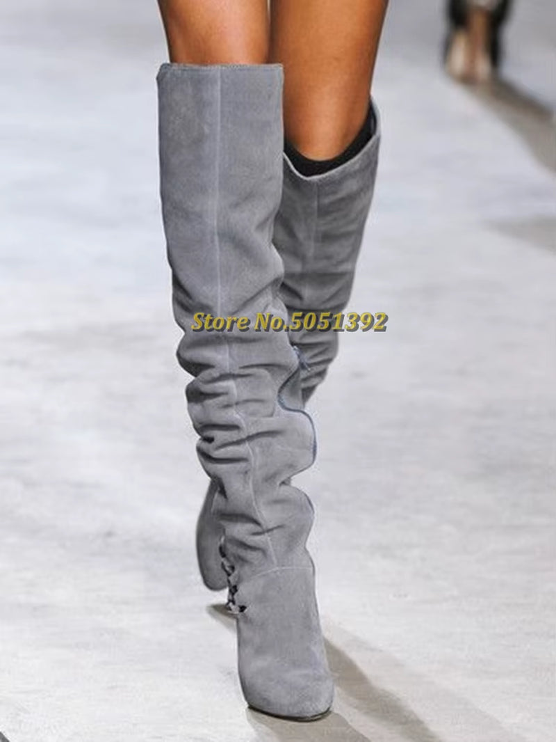 Slouchy Knee High Boots Suede Wedges Height Increase Slip on Winter Boots Outfit Pointed Toe Comfy Winter Boots Pleated Ladies