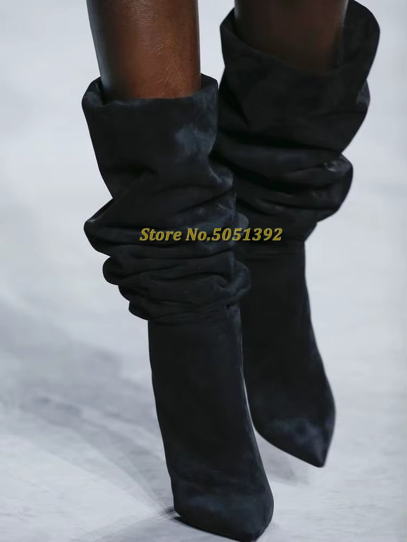 Slouchy Knee High Boots Suede Wedges Height Increase Slip on Winter Boots Outfit Pointed Toe Comfy Winter Boots Pleated Ladies