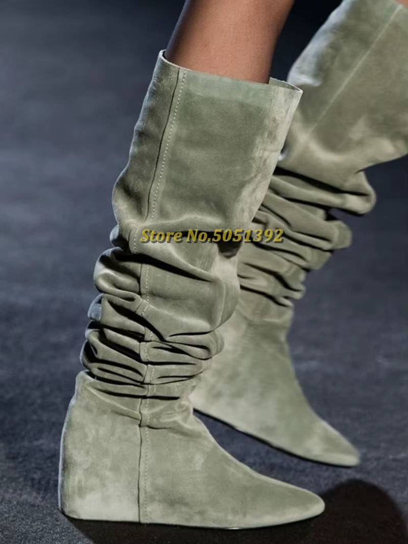 Slouchy Knee High Boots Suede Wedges Height Increase Slip on Winter Boots Outfit Pointed Toe Comfy Winter Boots Pleated Ladies